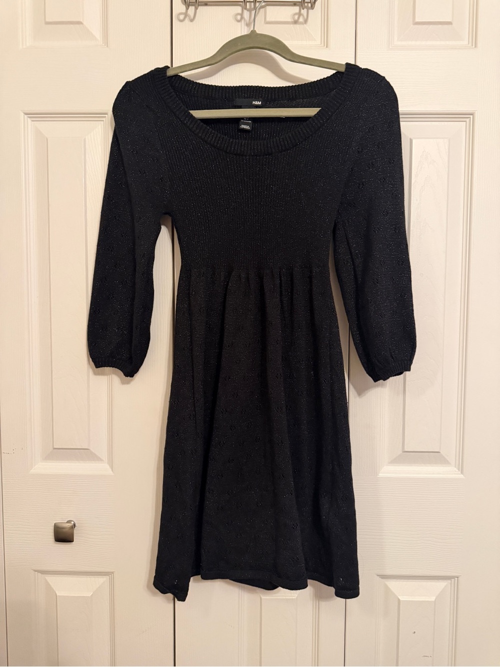 H&M Black Sparkle Knit Fit & Flare Dress Size S Puff Sleeve